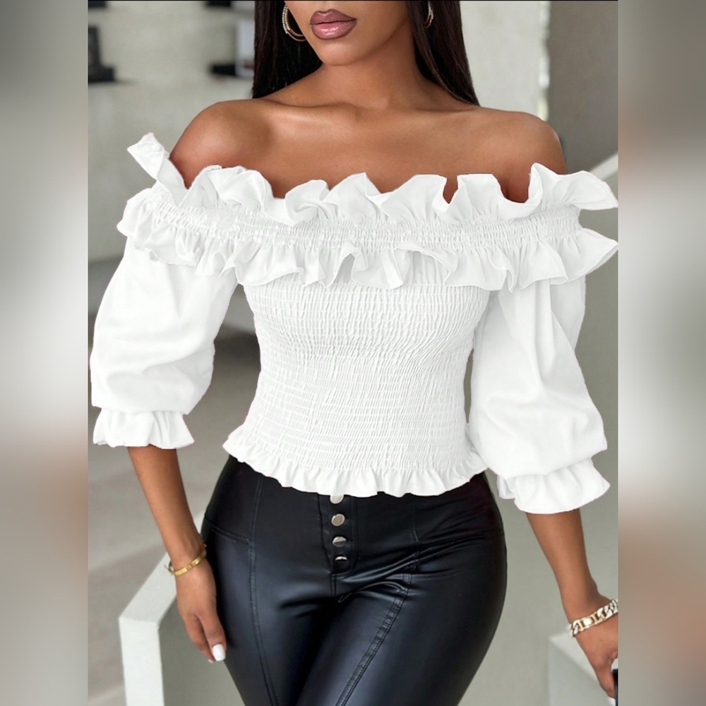 Ladies' Off-Shoulder Long-Sleeved Blouse With Ruffle Hem - Picture 3 of 4